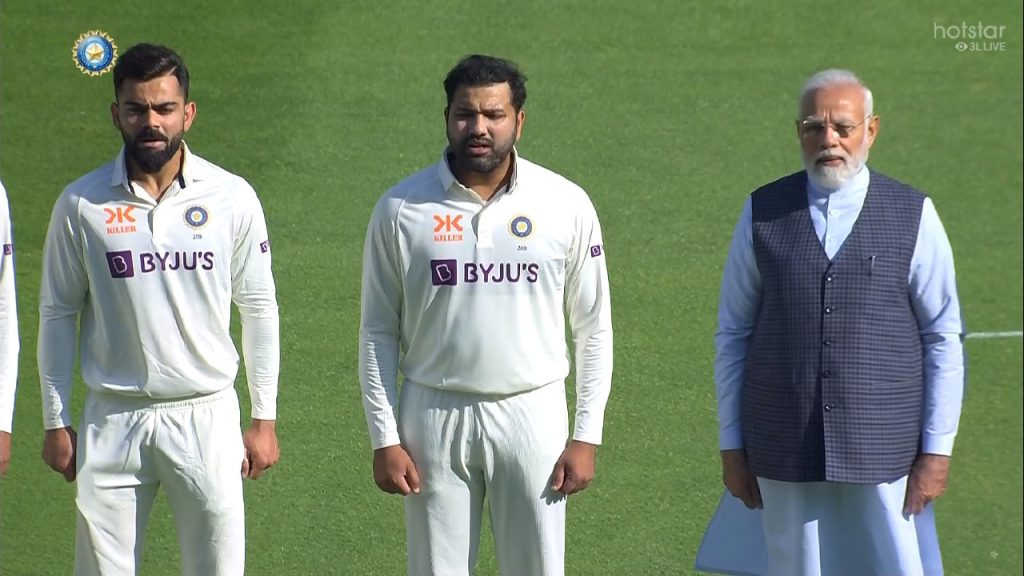 Narendra Modi, Rohit, Kohli during National Anthem time.