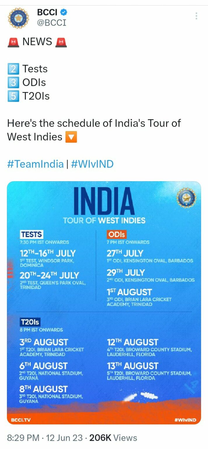 IND vs WI 2023 Full Schedule Complete List Of Fixtures, Dates And Venues