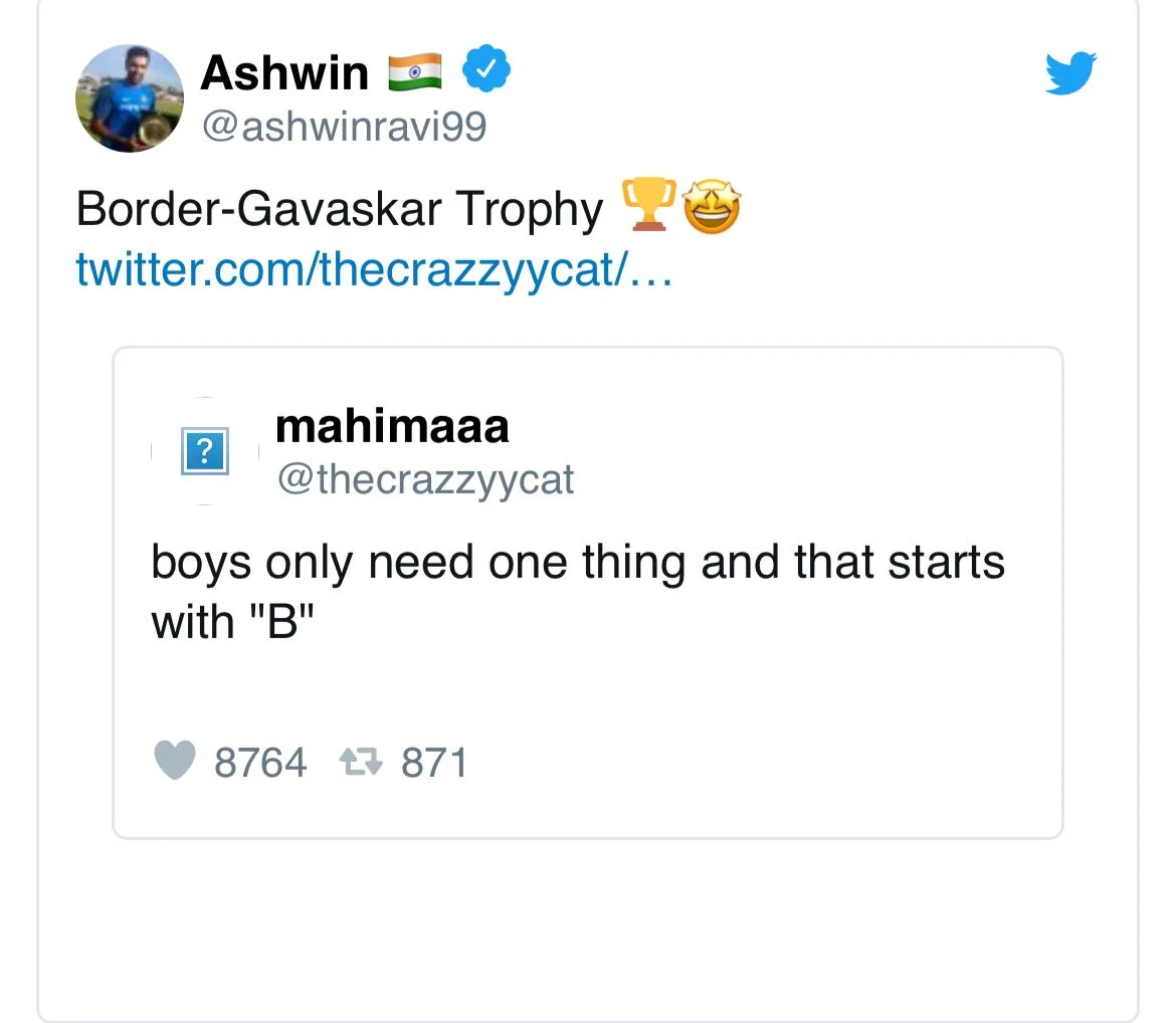 Ravichandran Ashwin Sends A Stunning Reply To A Tweet Which Says 'Boys Only Need One Thing That Starts With B'