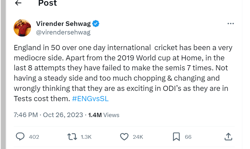 [Cricket World Cup 2023] England Is A Mediocre Team In ODI Cricket: Virender Sehwag