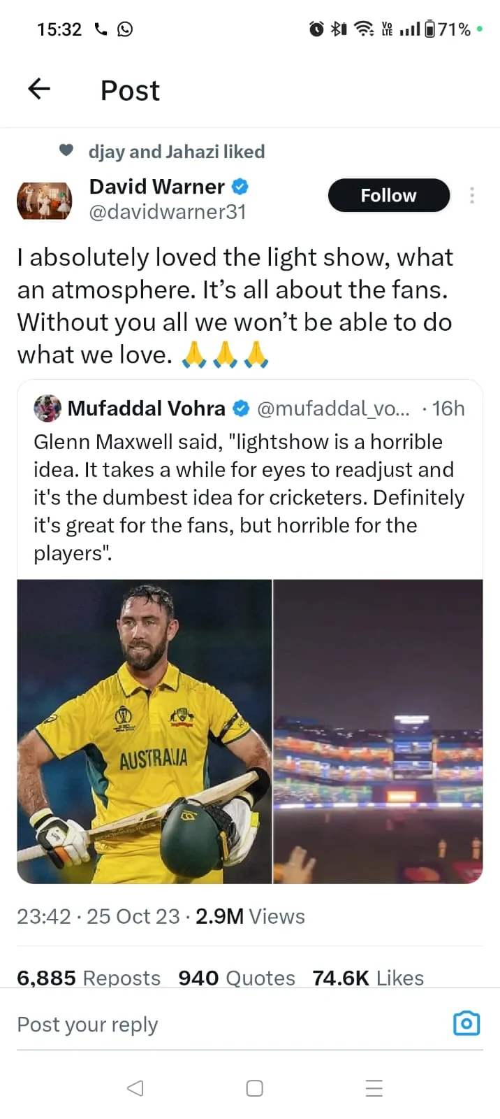 [World Cup 2023] David Warner Rejects Glenn Maxwell's Criticism Of The Light Show