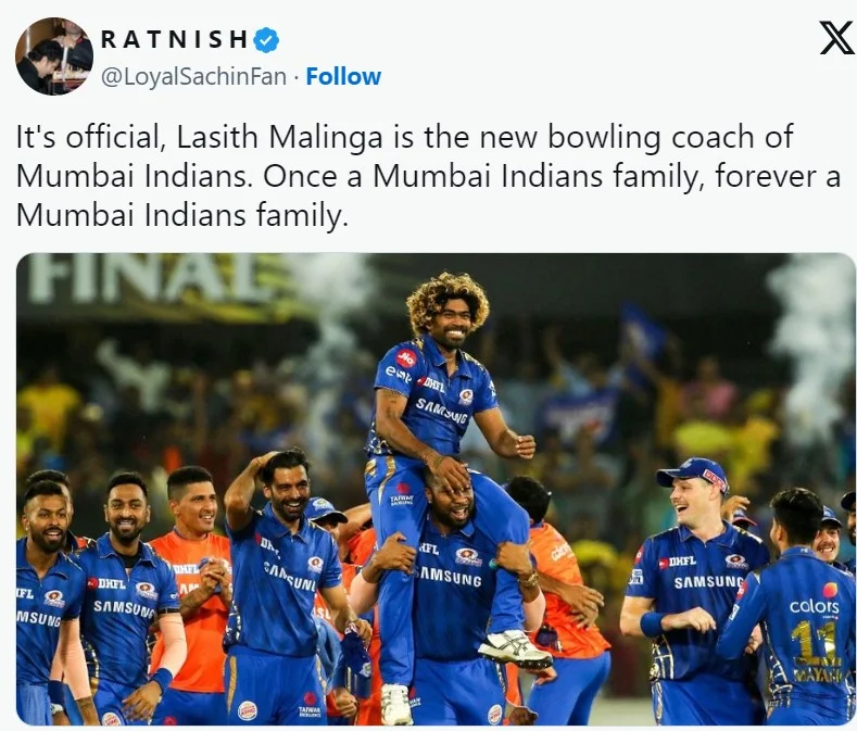[IPL 2024]"King Is Back Home": Fans React As Lasith Malings Joins Mumbai Indians As Bowling Coach