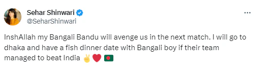 [Cricket World Cup 2023] Sehar Shinwari Has Offered Fish Dinner Date To Bengali Boys If Bangladesh Beats India