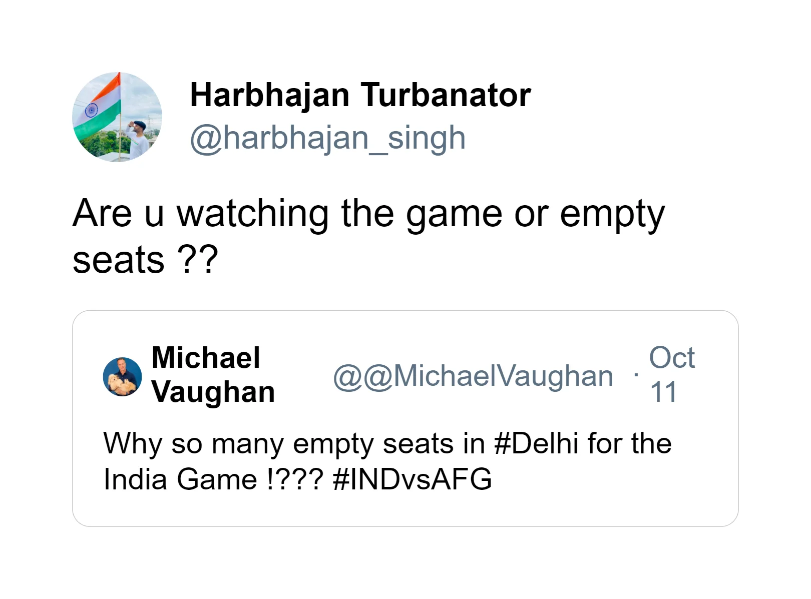 [IND vs AFG World Cup 2023] Harbhajan Singh Shuts Off Michael Vaughan For Empty Seat Comment