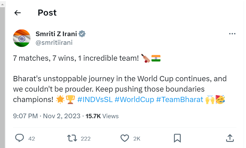 Smriti Irani Hails Rohit Sharma's "Unstoppable" Team After India Enter Semi-Finals