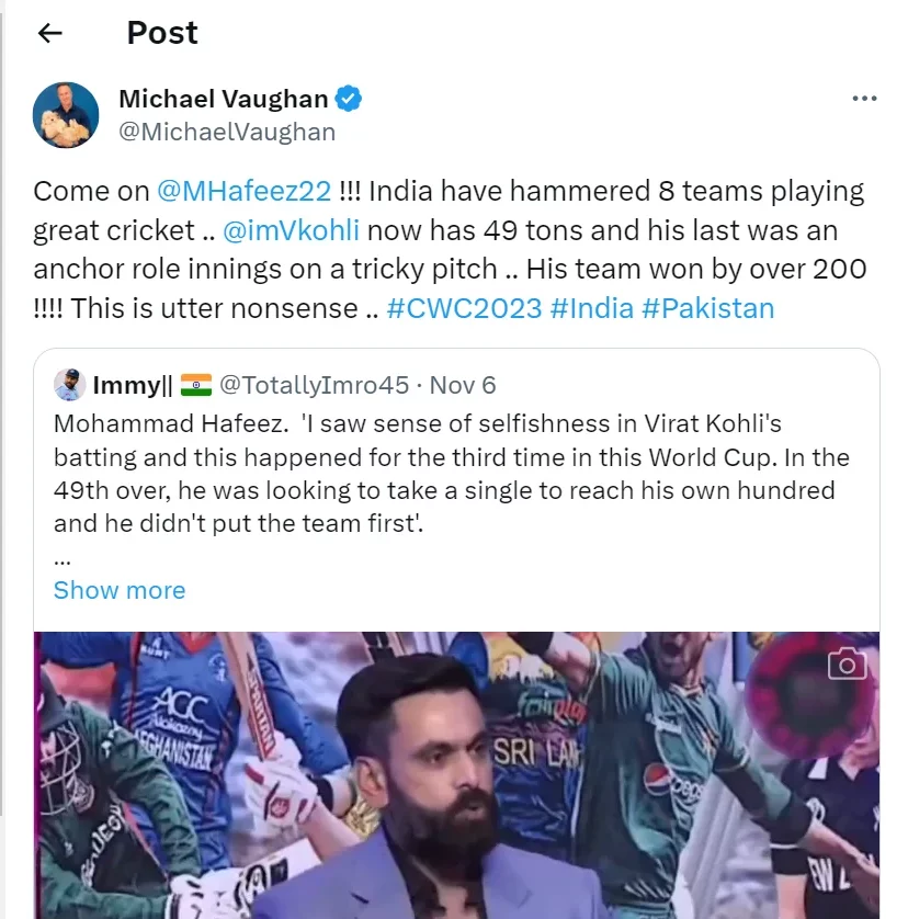 Michael Vaughan Calls Mohammed Hafeez “Utter Non-Sense” For Calling Virat Kohli Selfish