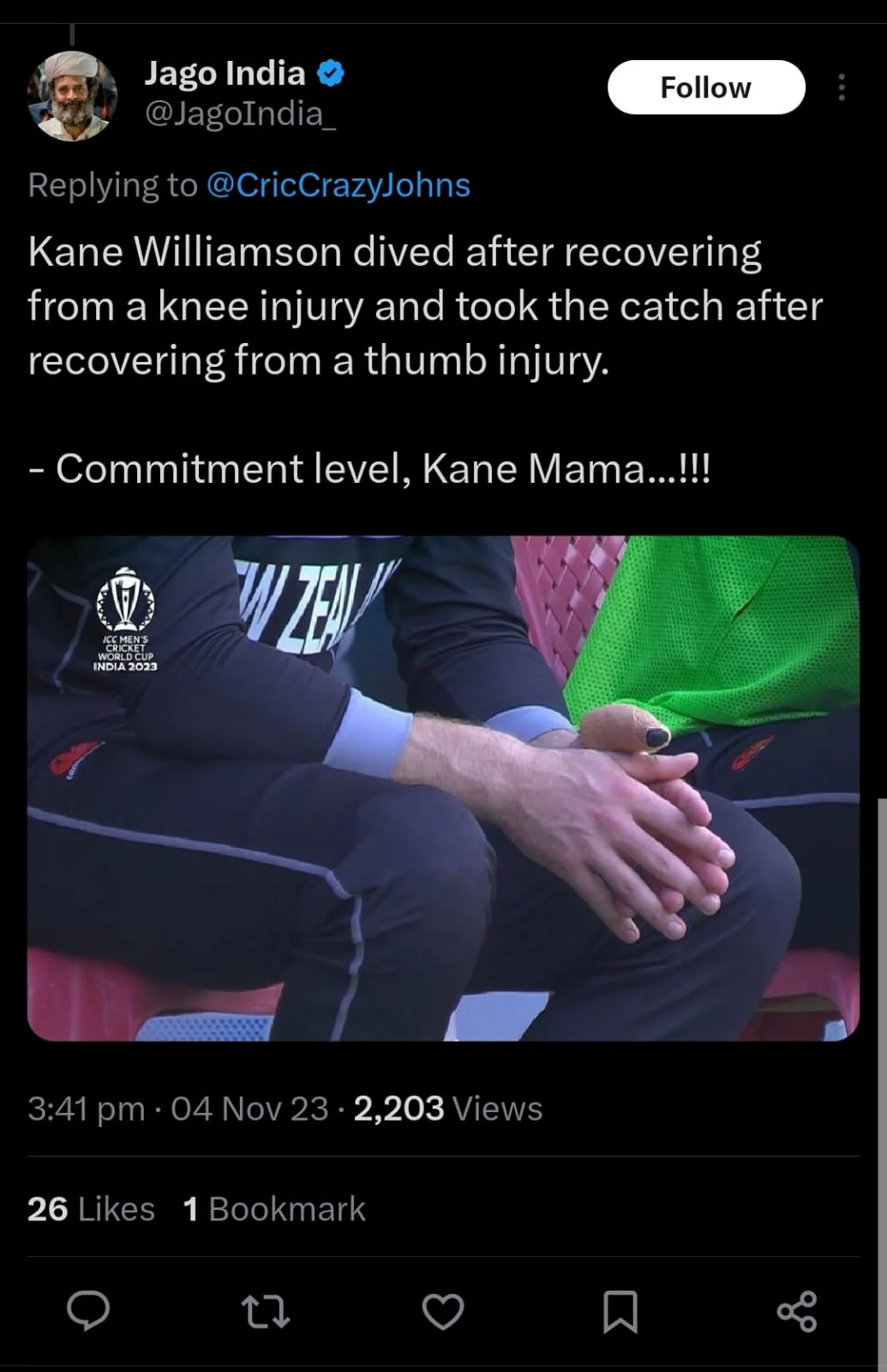 PAK vs NZ: Fans Praise Kane Williamson After Image Of Bandaged Thumb Goes Viral-TGN