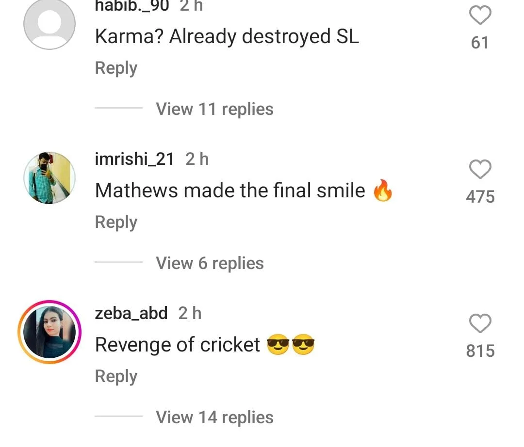 Angelo Mathews Gives Shakib A Cheeky Send-Off; Fans Say 'Karma" Strikes Back'