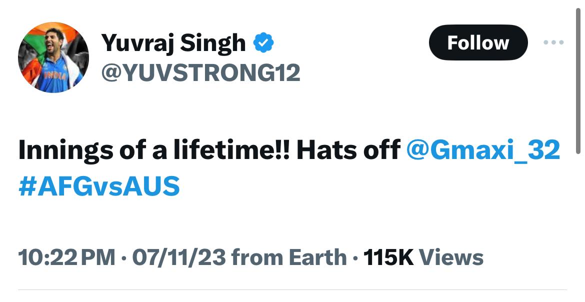 Yuvraj Singh Wrote The Best Tweet For Glenn Maxwell After His Historic Innings