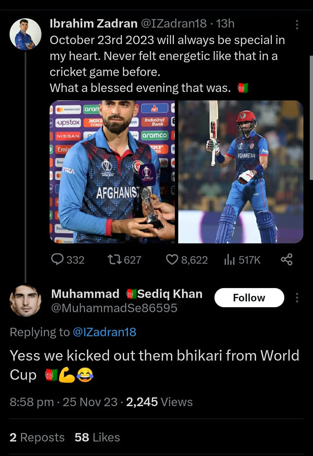 Ibrahim Zadran Trolled Pakistani Fans By Copying Virat Kohli's Tweet