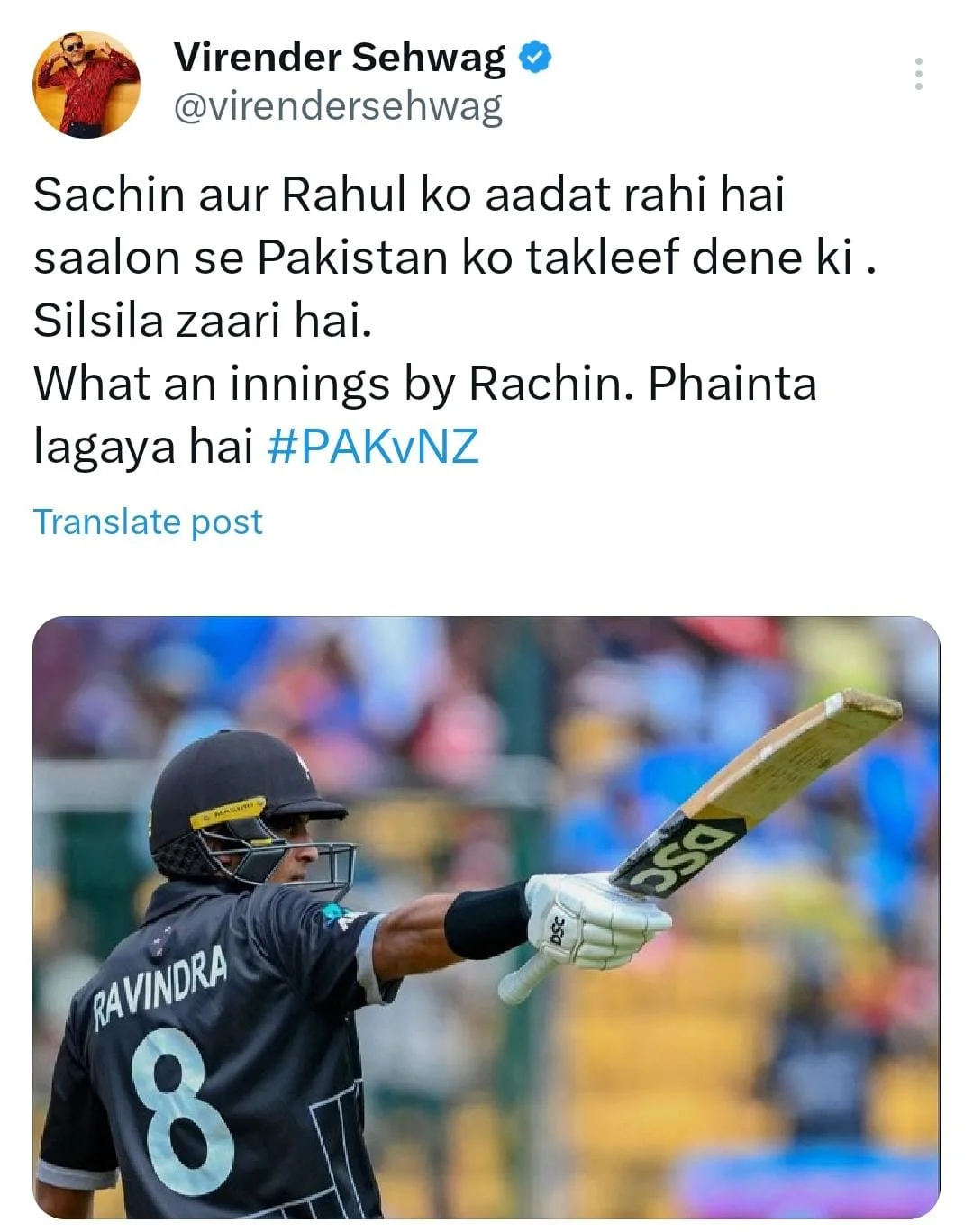 (NZ vs PAK) Virender Sehwag Hailed Rachin Ravindra With A Hilarious Tweet-TGN