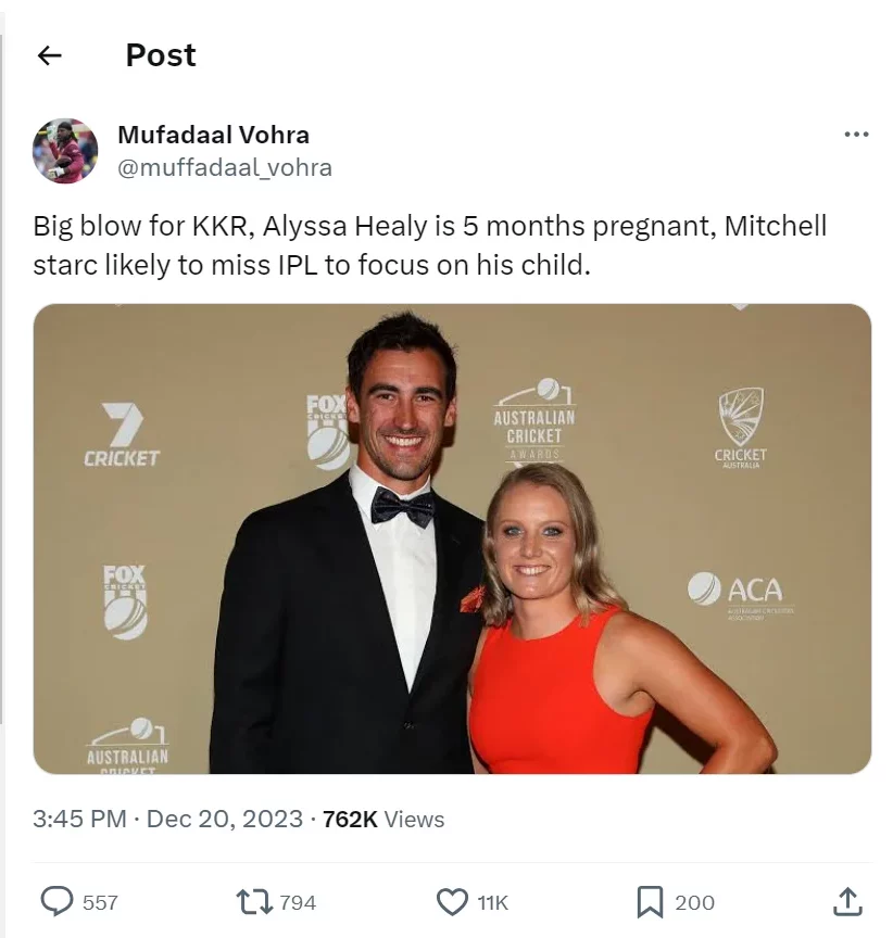 Fact Check: Will Mitchell Starc Miss IPL 2024 Due To Alyssa Healy's Reported Pregnancy