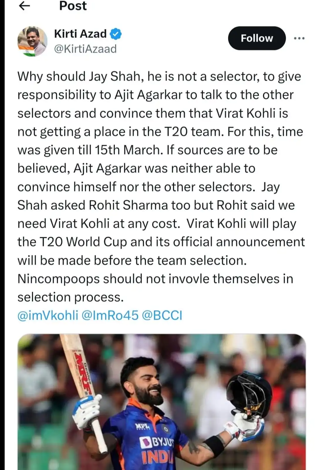 'India Needs Virat Kohli In T20 World Cup': Rohit Sharma's Told Jay Shah