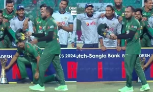 [Watch] Mushfiqur Rahim Trolled Angelo Mathews With Helmet Celebration After ODI Series Win