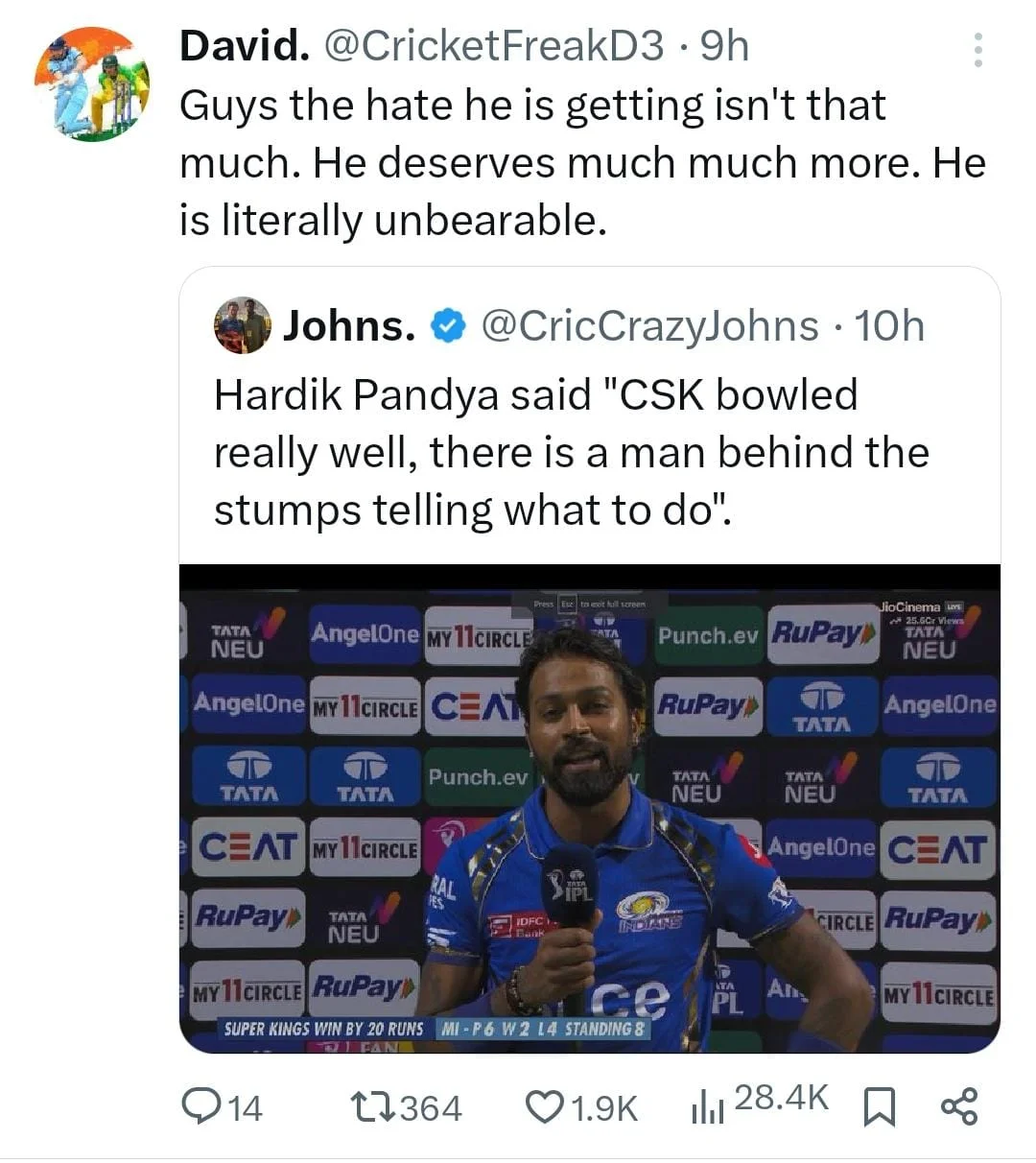 IPL 2024: MI Fans Are Slamming Hardik Pandya For Praising Dhoni After The Defeat