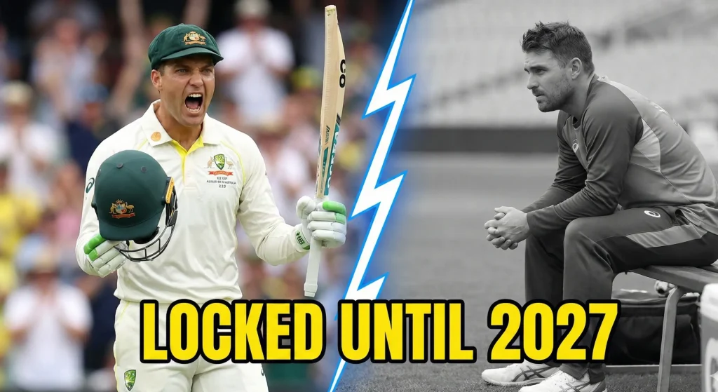 Split screen comparison of Alex Carey screaming in celebration after his Adelaide century versus a desaturated image of Josh Inglis sitting on the bench, with text overlay reading Locked Until 2027, illustrating the end of the Australia Test wicketkeeper debate.