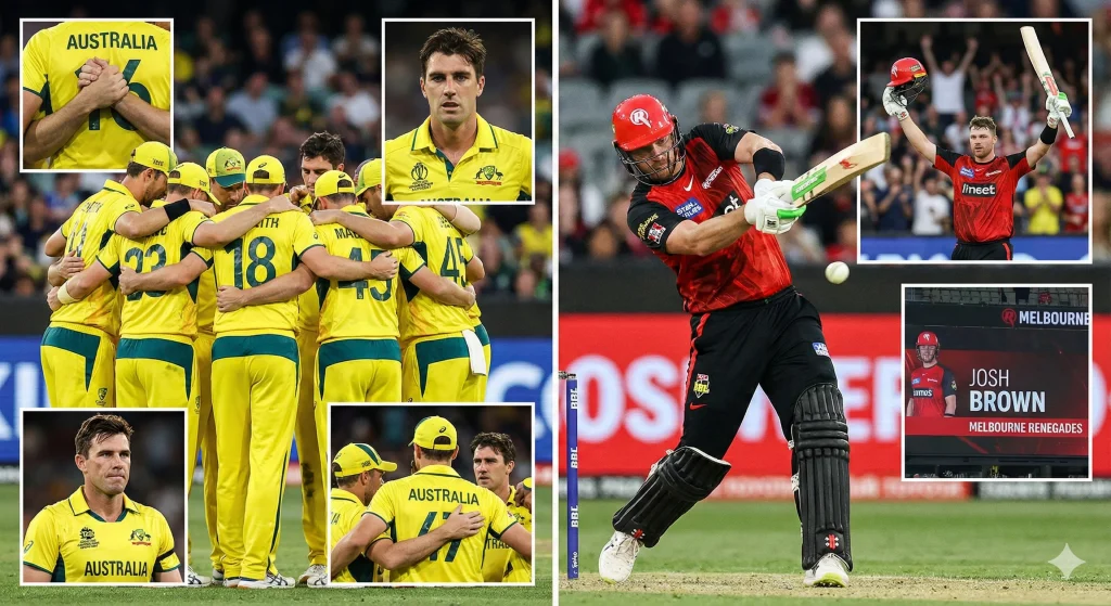 A collage featuring the Australian men's T20 cricket team in a huddle, alongside action photos of Josh Brown batting and celebrating for the Melbourne Renegades.