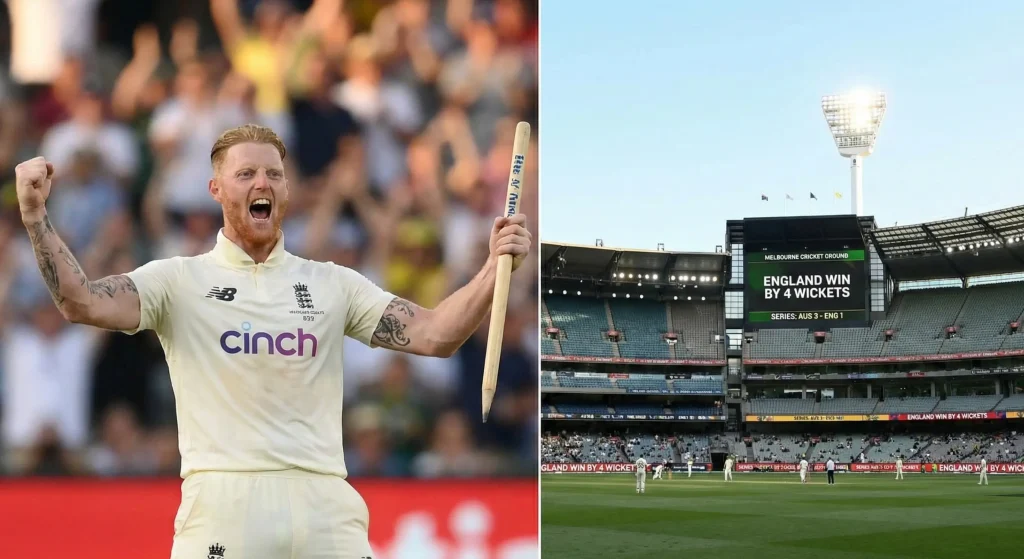 Ben Stokes roaring in celebration holding a cricket stump at the Melbourne Cricket Ground during England's historic 2025/26 Ashes victory.