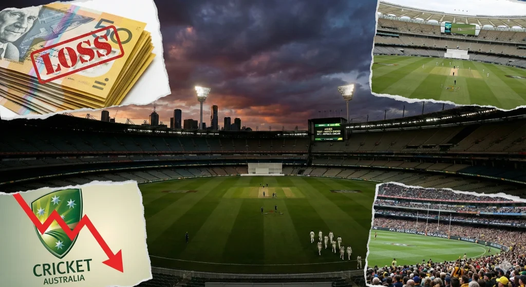 Empty MCG stands during Ashes 2025/26 Boxing Day Test reflecting Cricket Australia financial loss after 2-day finish.