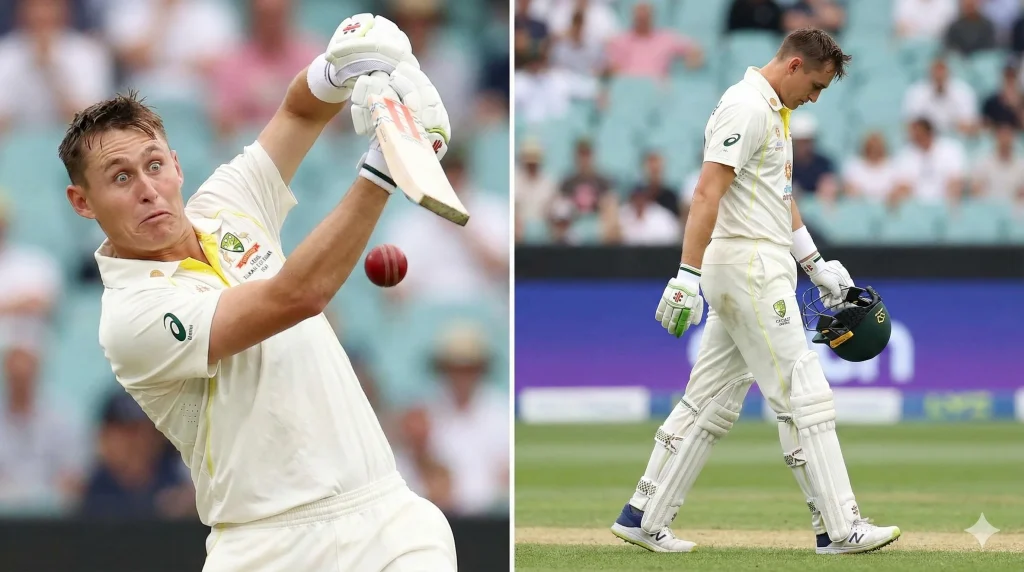 Marnus Labuschagne looking visibly dejected and frustrated while walking off the cricket field after a low score during the 2025 Test season, symbolizing his career-worst form slump.