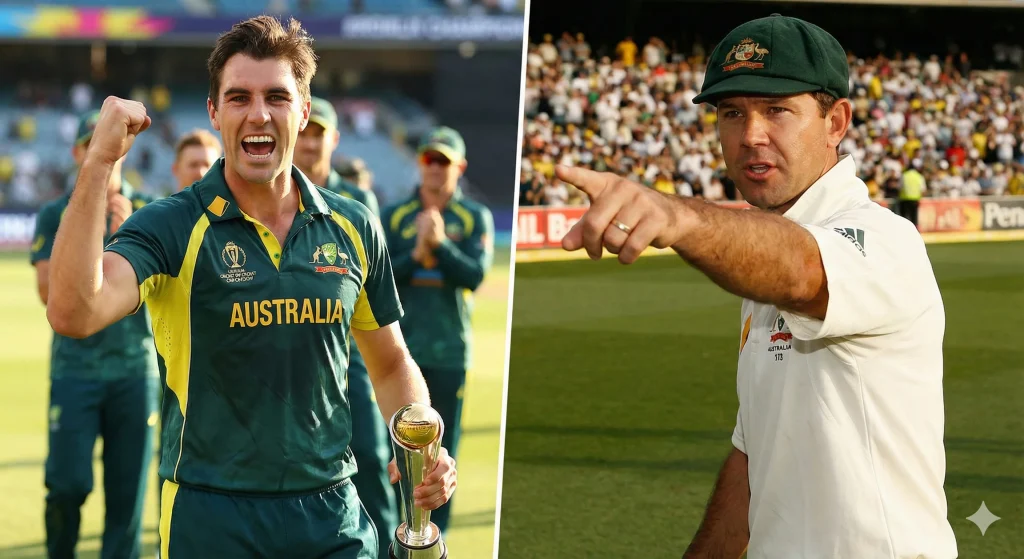 Pat Cummins lifting the ODI World Cup trophy contrasted with Ricky Ponting directing the field in Test whites.