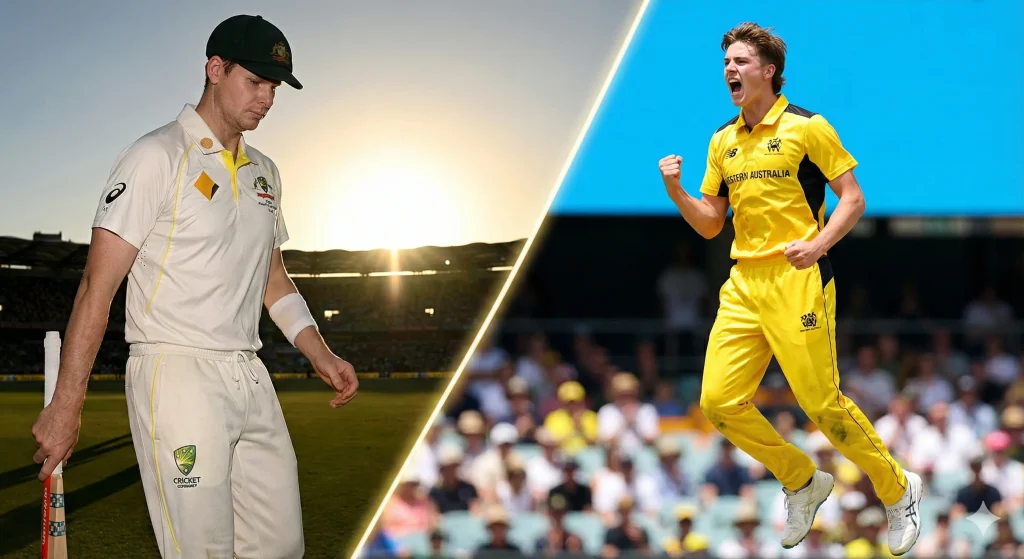 A split creative collage showing Australian legend Steve Smith looking thoughtful on the left, contrasted with teenage sensation Sam Konstas celebrating a century on the right, symbolizing the future of the Australian Test team.