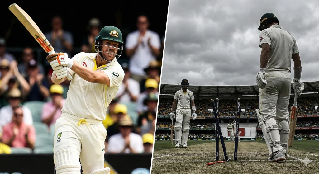 Collage showing David Warner celebrating a century on the left, contrasted with a dejected Australian opener walking past broken stumps on the right, symbolizing the Warner Curse.