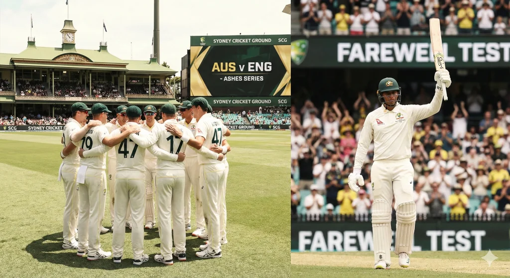 5 Ways Australia Can Salvage SCG Test For Usman Khawaja Australian cricket players in a team huddle at the Sydney Cricket Ground with Usman Khawaja raising his bat during his final Ashes Test match.