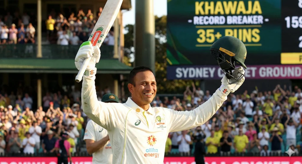 Better Than Hayden & Ponting? The “After 35” Record Khawaja Just Shattered Usman Khawaja celebrating a century at the SCG with bat and helmet raised, marking his record for the most Test runs scored by an Australian batsman after age 35.